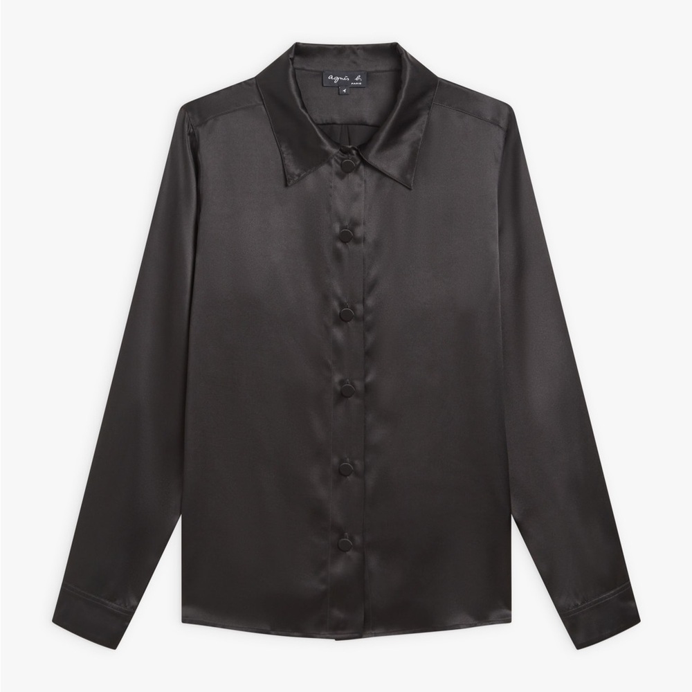 Agnes B Black Silk Satin Button-Up Collared Shirt French Size 42